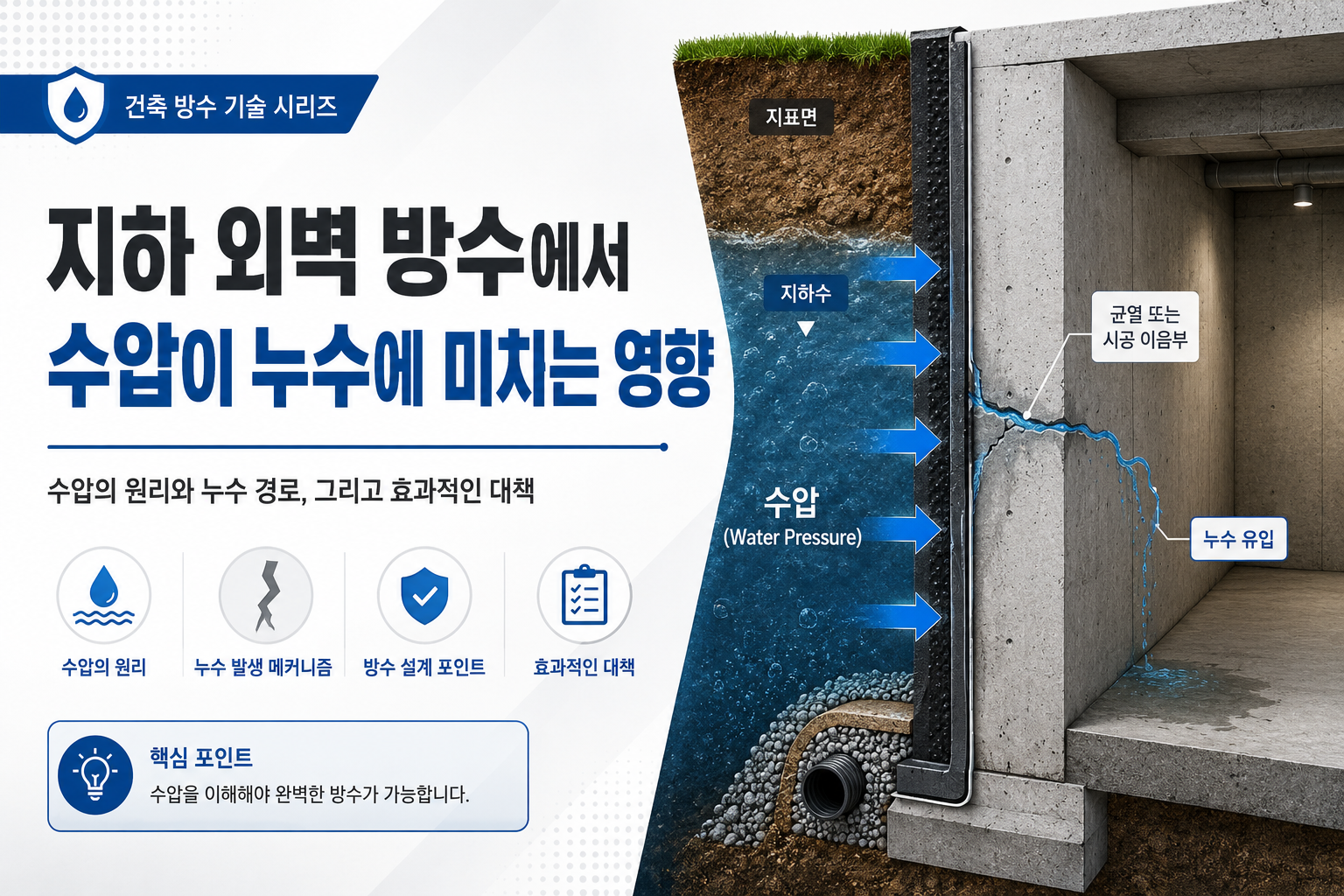 지하 외벽 방수에서 수압이 누수에 미치는 영향