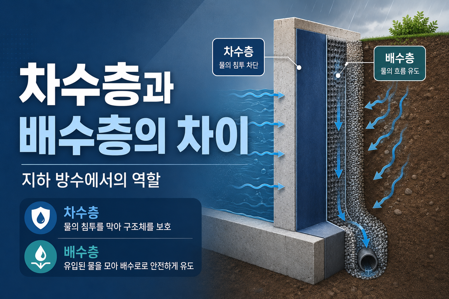 차수층과 배수층의 차이와 지하 방수에서의 역할